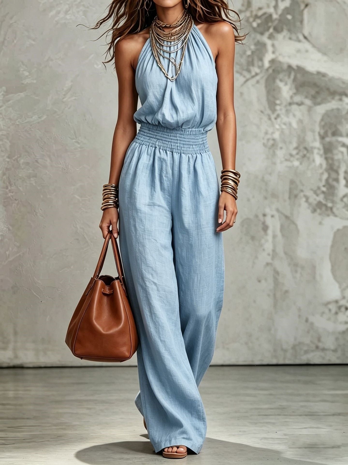 Sleeveless Backless Waist-Tie Halter Wide-Leg Jumpsuit for Women