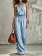 Sleeveless Backless Waist-Tie Halter Wide-Leg Jumpsuit for Women