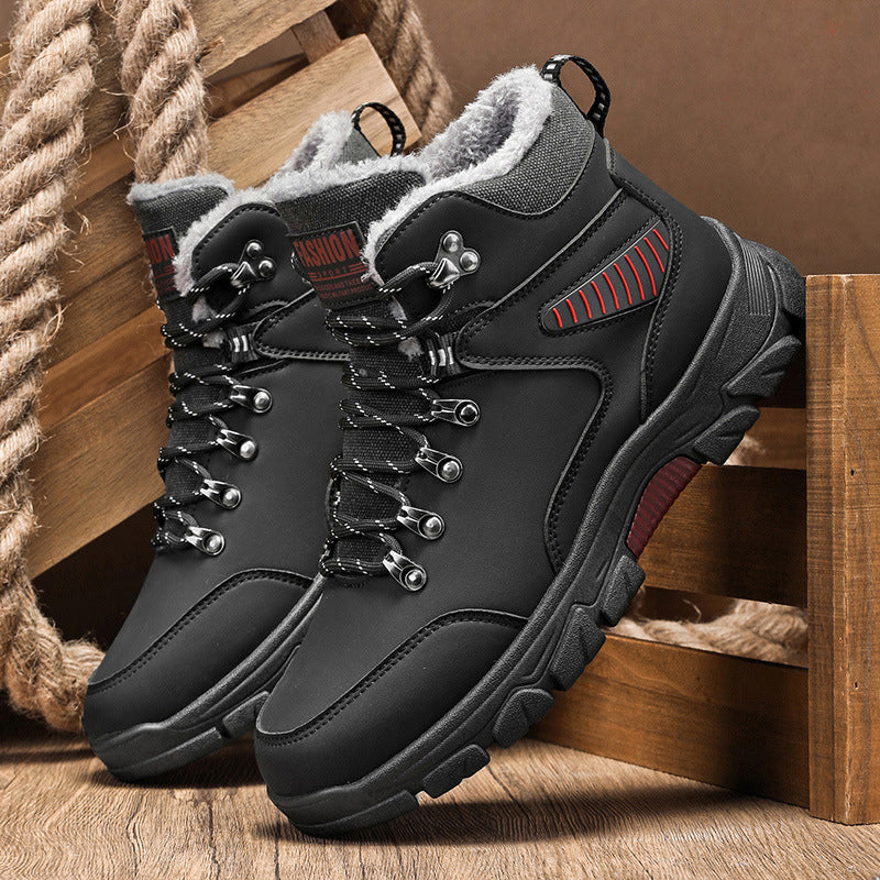 Winter new warm cotton shoes with added fleece outdoor hiking shoes thick soled snow boots high top men's shoes