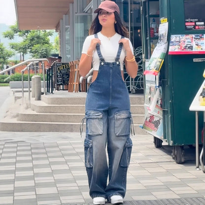 Casual Straight-Leg Denim Overalls for Women Street Style Multi-Pocket Denim Jumpsuit