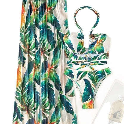 Floral Three-Piece Bikini  Backless Style Women's Swimwear
