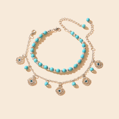 Turquoise Beads Double-Layered Anklet Round Pendant Boho Chic Foot Jewellery