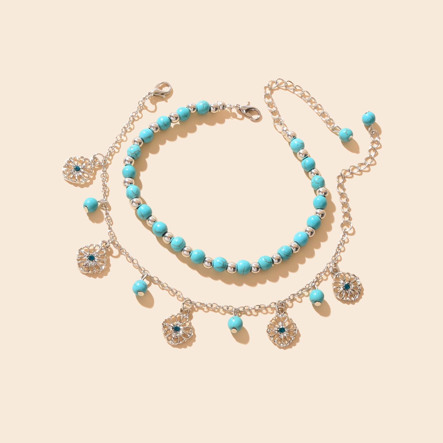 Turquoise Beads Double-Layered Anklet Round Pendant Boho Chic Foot Jewellery
