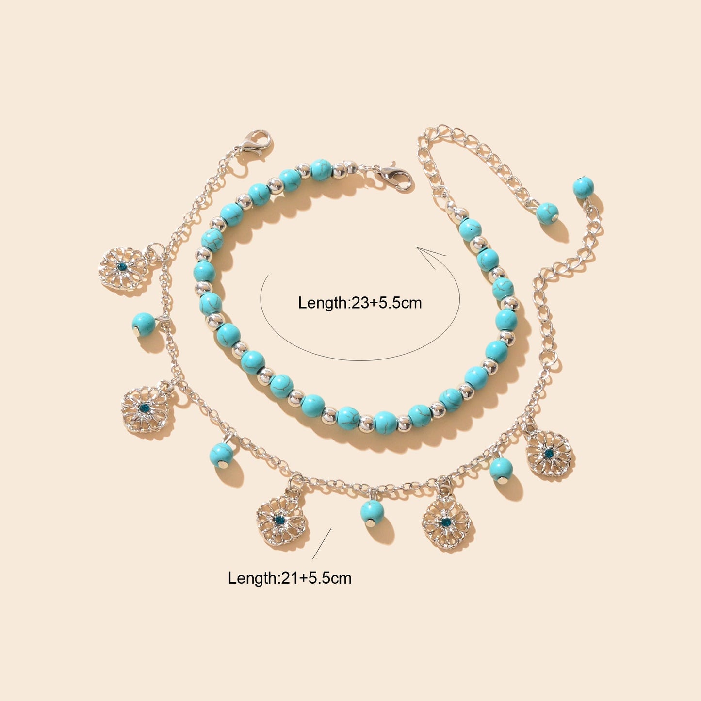 Turquoise Beads Double-Layered Anklet Round Pendant Boho Chic Foot Jewellery