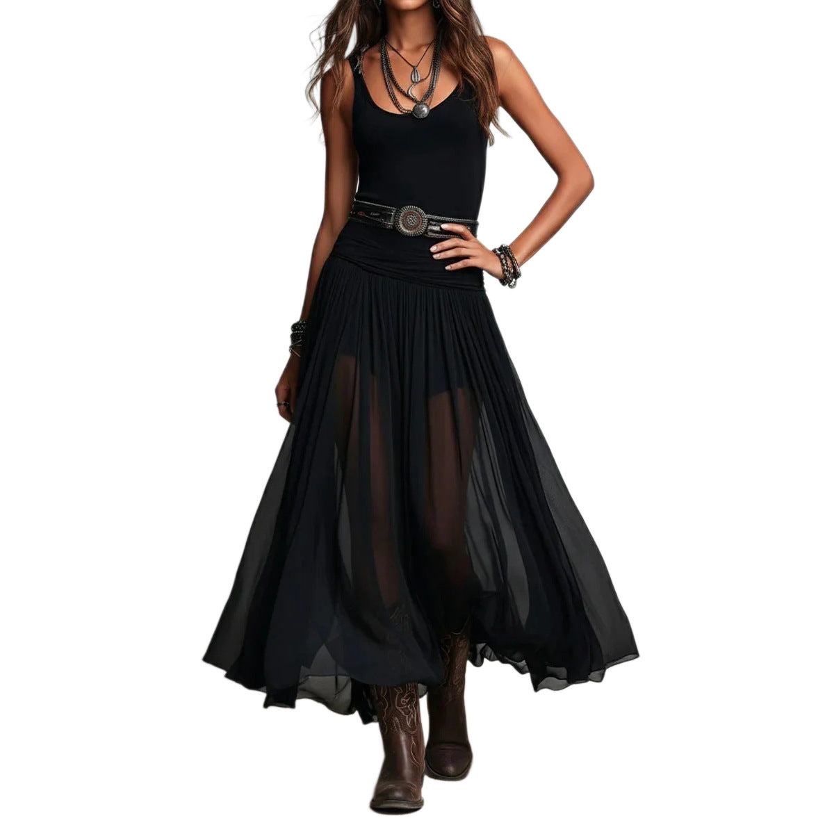 Summer New Black Strap Long Dress for Women, Mesh Dress with Belt
