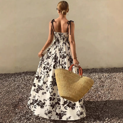 Flower waist cinching suspender big swing dress