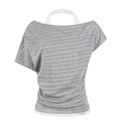 Halter Neck Asymmetrical Two-Piece T-Shirt Stripe Pleated Fitted Cropped Off-Shoulder Top