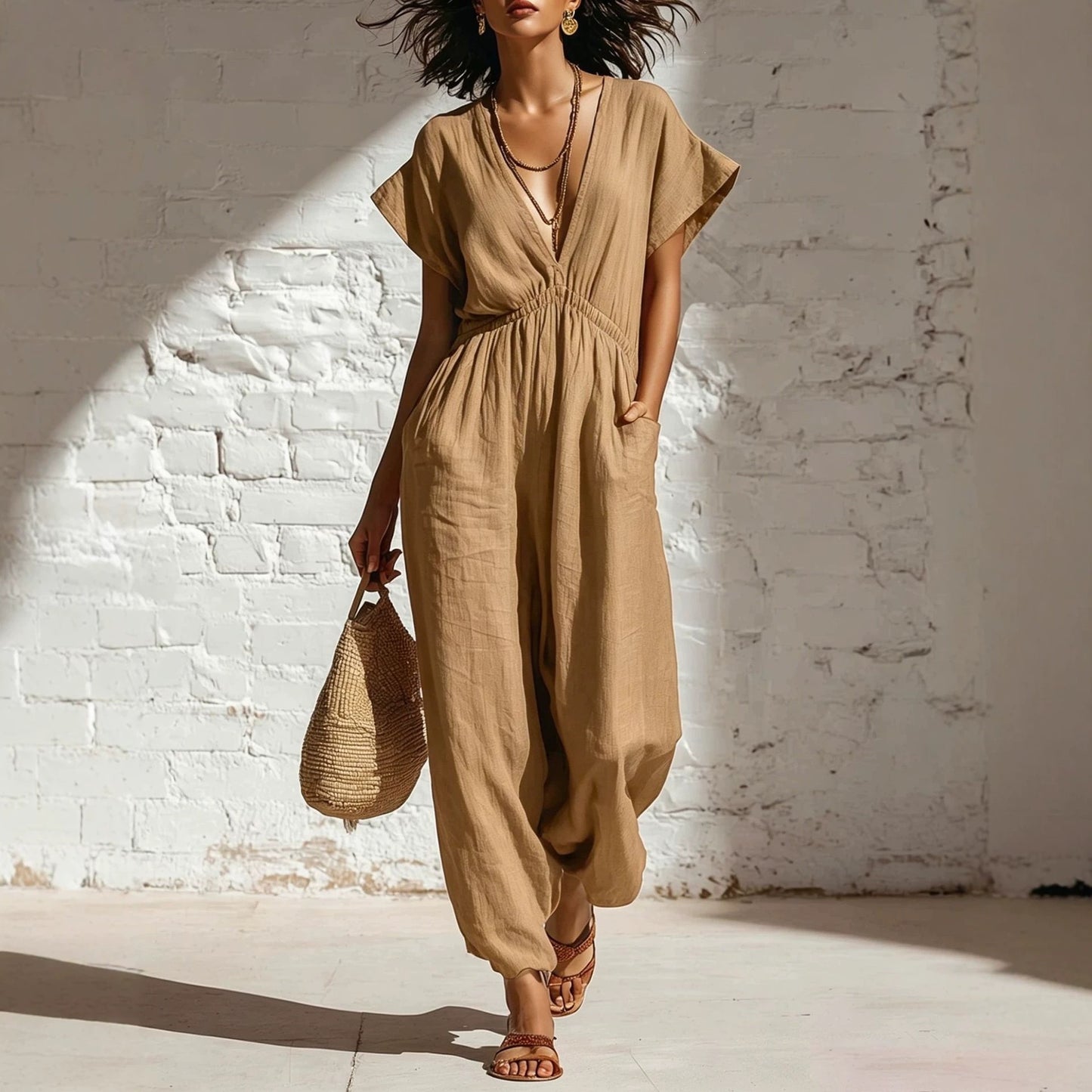 Deep V-neck loose fit pants for women