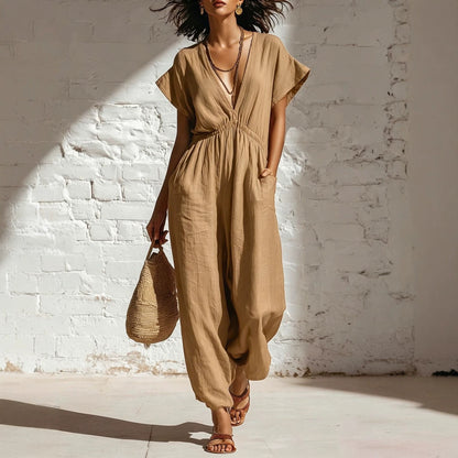 Deep V-neck loose fit pants for women