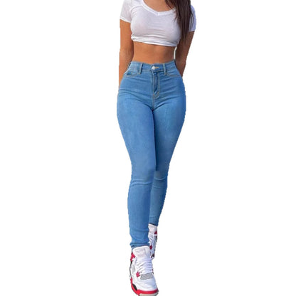 Light Blue Denim Skinny Pants Elastic Pencil Pants Casual Fashion Stretch Bottoms