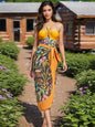 Dark Green Patchwork Floral Dress Strapless Midriff-Baring Split Vacation Dress