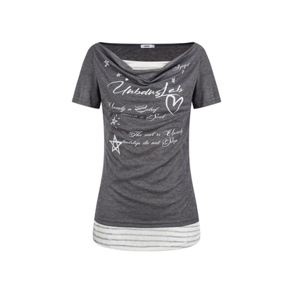 Women's Fake Two-Piece Slim Fit Casual Short Sleeve Minimalist Letter Print T-Shirt