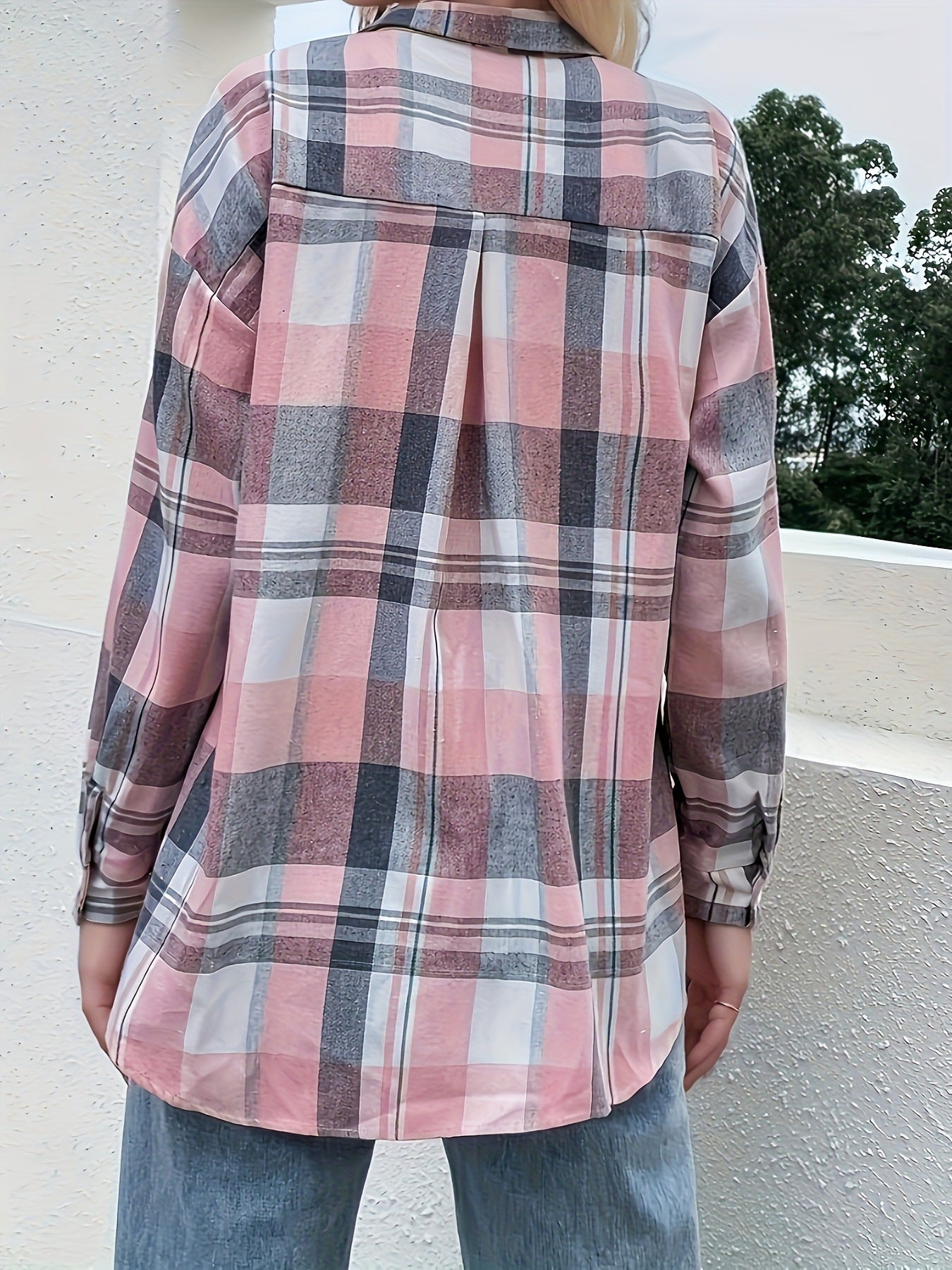 Cross-border Temu Fashion Autumn and Winter New Pink Plaid Long Sleeve Shirt Women's Top