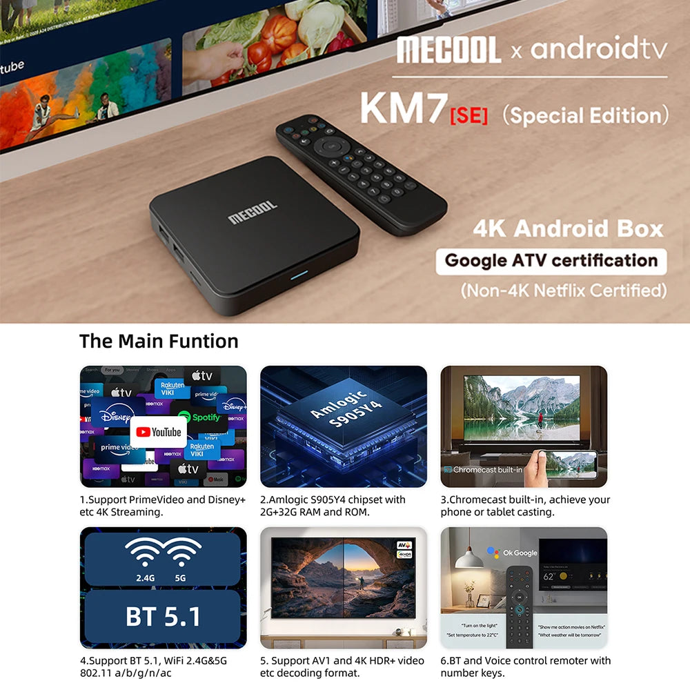 Mecool KM7 SE TV Box Android 11 ATV Google Certified LPDDR4 2GB RAM 32GB 4K USB2.0 Dual Wifi BT5.1 Support AV1 Youtube 4K Set To
