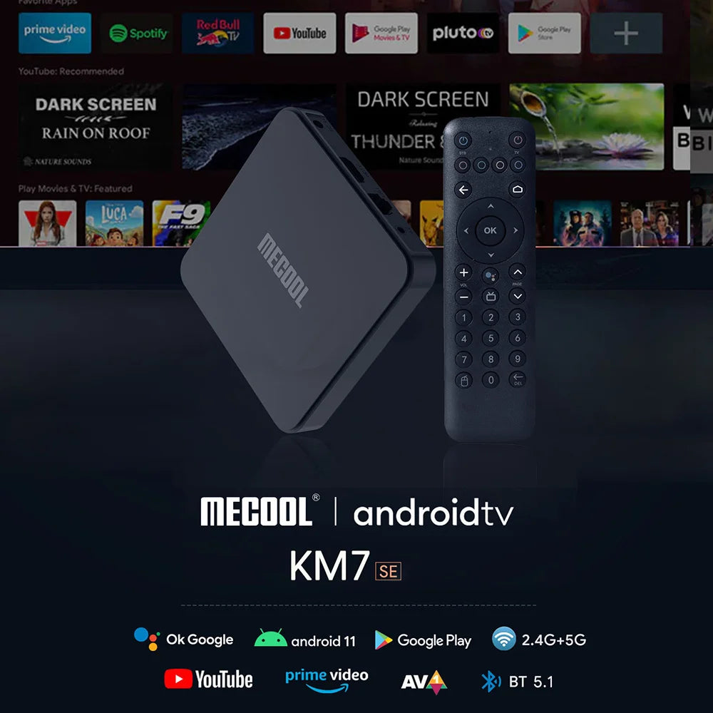 Mecool KM7 SE TV Box Android 11 ATV Google Certified LPDDR4 2GB RAM 32GB 4K USB2.0 Dual Wifi BT5.1 Support AV1 Youtube 4K Set To