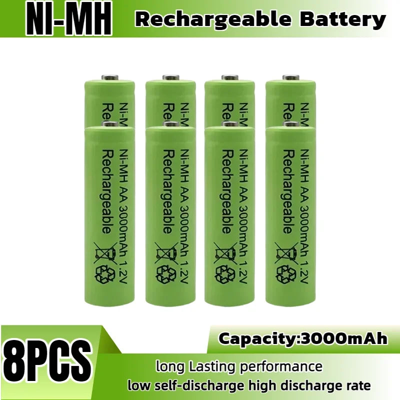 High Capacity 1.2V 3000mAh NiMH AA Rechargeable Batteries, 8-Pack with Long Life & Low Self Discharge for Toys RC Camera Flash