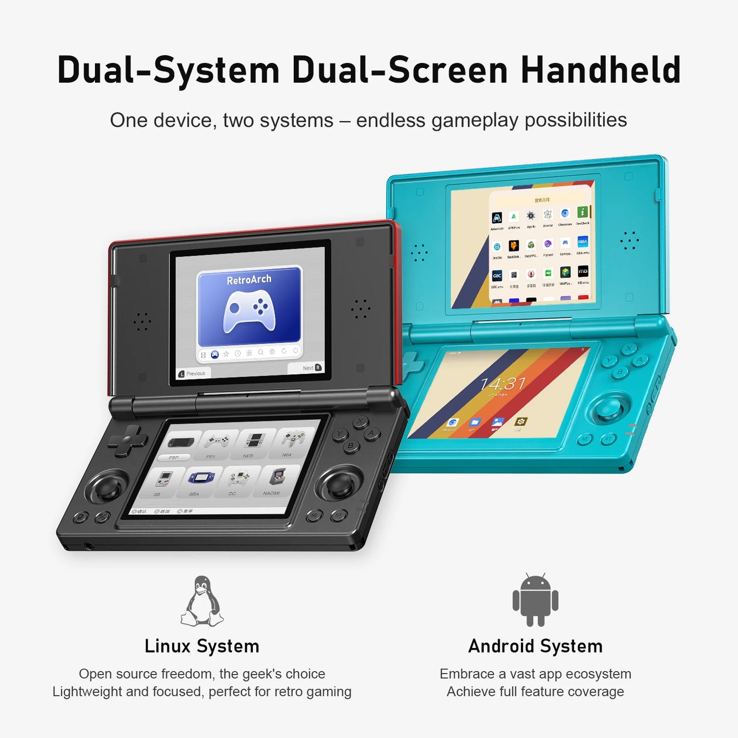 Anbernic RG DS Flip Handheld Game Console 4" IPS Dual Screen Android/Linux Dual OS 4000mAh Video Games RixelHK Wifi Streaming AI