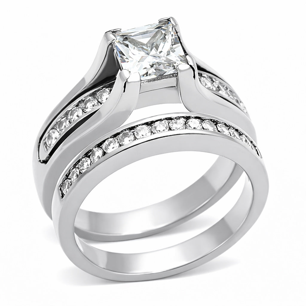 TK0W383 - High polished (no plating) Stainless Steel Ring with AAA Grade CZ  in Clear